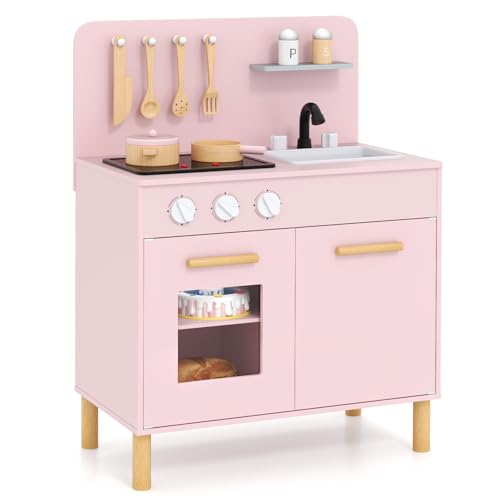 COSTWAY Kinderküche mit 10 Zubehör, Spielküche Holz mit Licht und Sound, Spielzeugküche mit Herd & Spüle & Backofen, Holzküche für Kinder ab 2 Jahren (Rosa) von COSTWAY