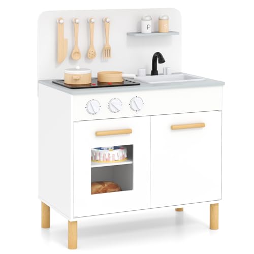 COSTWAY Kinderküche mit 10 Zubehör, Spielküche Holz mit Licht und Sound, Spielzeugküche mit Herd & Spüle & Backofen, Holzküche für Kinder ab 2 Jahren (Weiß) von COSTWAY