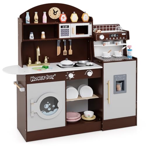 COSTWAY Kinderküche mit 27 Zubehör, Spielküche Holz mit Uhr Mikrowelle Spüle EIS- & Kaffeemaschine Geschirrständer und Waschmaschine, Spielzeugküche für Kinder ab 2 Jahren (Braun) von COSTWAY