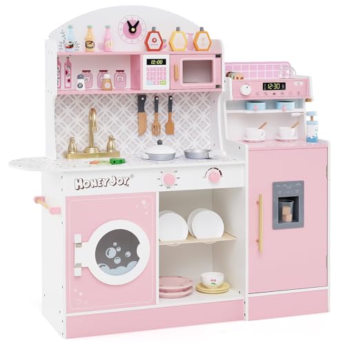 COSTWAY Kinderküche mit 27 Zubehör, Spielküche Holz mit Uhr Mikrowelle Spüle EIS- & Kaffeemaschine Geschirrständer und Waschmaschine, Spielzeugküche für Kinder ab 2 Jahren (Rosa) von COSTWAY