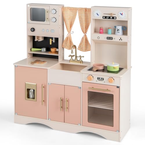 COSTWAY Kinderküche mit Kochzubehör, Spielküche Holz mit Mikrowelle & Kaffeemaschine & Eismaschine & Spüle & Backofen, Spielzeugküche Holzküche für Kinder ab 3 Jahren (Rosa) von COSTWAY