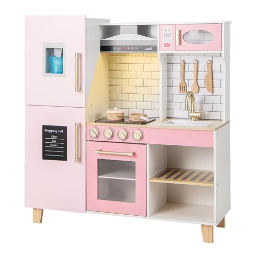 COSTWAY Kinderküche mit Zubehör, Kinder Küche mit Eismaschine & Dunstabzugshaube & Tafel & Grill & Backofen, Spielküche mit Licht & Sound， Holzküche für Kinder ab 3 Jahren von COSTWAY