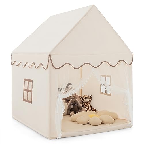 COSTWAY Kinderzelt Indoor, Kinderspielhaus für Jungen Mädchen Prinzess Prinzessin, Kinderspielzelt mit Massivholzrahmen & Baumwolldecke, Kinder Spielhaus für Drinnen, 120x105x140cm, Beige von COSTWAY