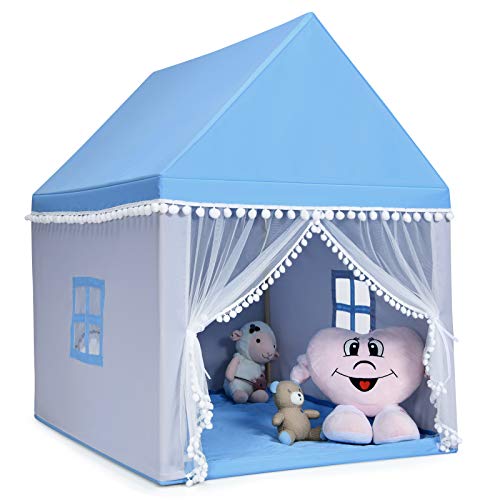 COSTWAY Kinderzelt Indoor, Kinderspielhaus für Jungen Mädchen Prinzess Prinzessin, Kinderspielzelt mit Massivholzrahmen & Baumwolldecke, Kinder Spielhaus für Drinnen, 120x105x140cm (Blau) von COSTWAY