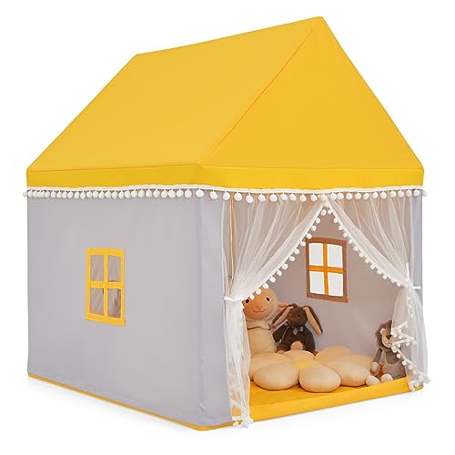 COSTWAY Kinderspielhaus Kinderzelt Spielhaus Princess Kinderspielzelt Stoffzelt mit Massivholzrahmen und Baumwolldecke Kinderspielburg für Jungen Märchen 120 x 105 x 140 cm Gelb Grau von COSTWAY