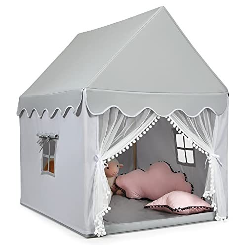 COSTWAY Kinderzelt Indoor, Kinderspielhaus für Jungen Mädchen Prinzess Prinzessin, Kinderspielzelt mit Massivholzrahmen & Baumwolldecke, Kinder Spielhaus für Drinnen, 120x105x140cm (Grau) von COSTWAY