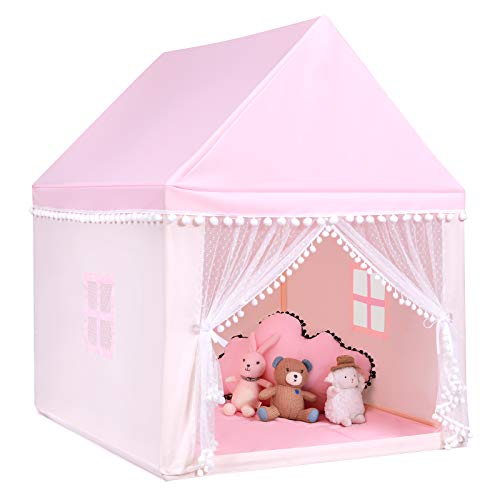 COSTWAY Kinderzelt Indoor, Kinderspielhaus für Jungen Mädchen Prinzess Prinzessin, Kinderspielzelt mit Massivholzrahmen & Baumwolldecke, Kinder Spielhaus für Drinnen, 120x105x140cm (Rosa) von COSTWAY