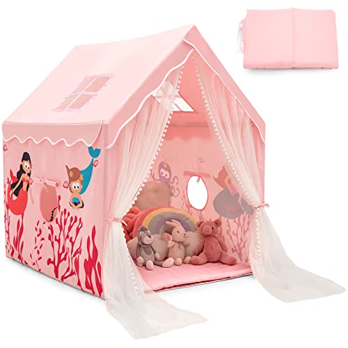 COSTWAY Kinderzelt, Spielhaus Kinder Indoor mit Matte & Vorhang, Spielzelt Kinderspielhaus für Jungen und Mädchen (Rosa) von COSTWAY