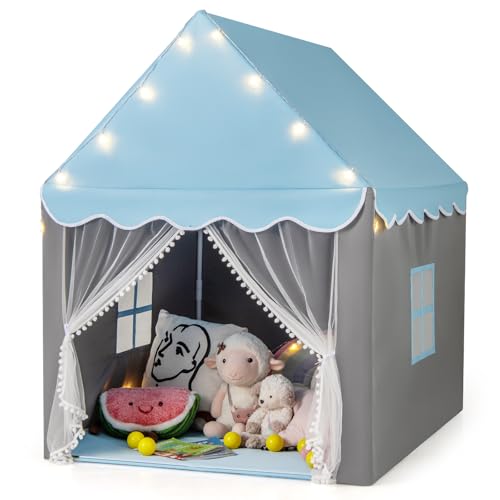 COSTWAY Kinderspielhaus mit Sternenlichter, Prinzessin Prinzess Kinderzelt mit Fenster & Matte, Spielzelt mit doppeltem Vorhang, Kinderspielzelt, Kinderspielburg für Jungen und Märchen (Blau) von COSTWAY