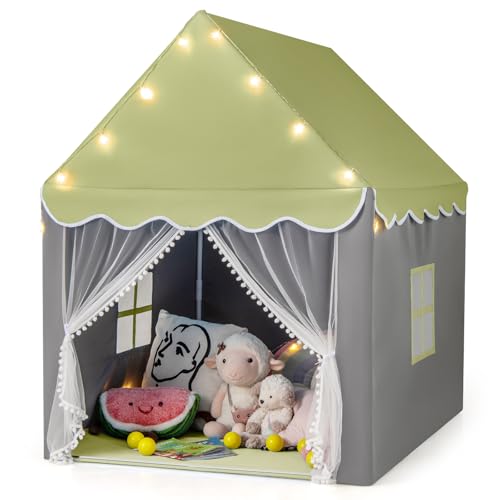 COSTWAY Kinderspielhaus mit Sternenlichter, Prinzessin Prinzess Kinderzelt mit Fenster & Matte, Spielzelt mit doppeltem Vorhang, Kinderspielzelt, Kinderspielburg für Jungen und Märchen (Grün) von COSTWAY