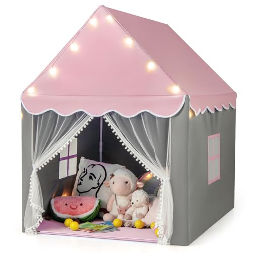 COSTWAY Kinderspielhaus mit Sternenlichter, Prinzessin Prinzess Kinderzelt mit Fenster & Matte, Spielzelt mit doppeltem Vorhang, Kinderspielzelt, Kinderspielburg für Jungen und Märchen (Rosa) von COSTWAY