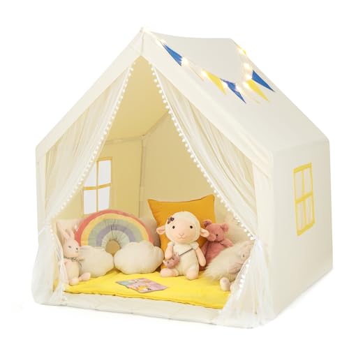 COSTWAY Kinderspielhaus mit Sternenlichtern, Prinzessin Prinzess Kinderzelt mit Fenster & Matte & bunten Flaggen, Spielzelt mit doppeltem Vorhang, Kinderspielzelt Spielhaus für Jungen Märchen (Beige) von COSTWAY