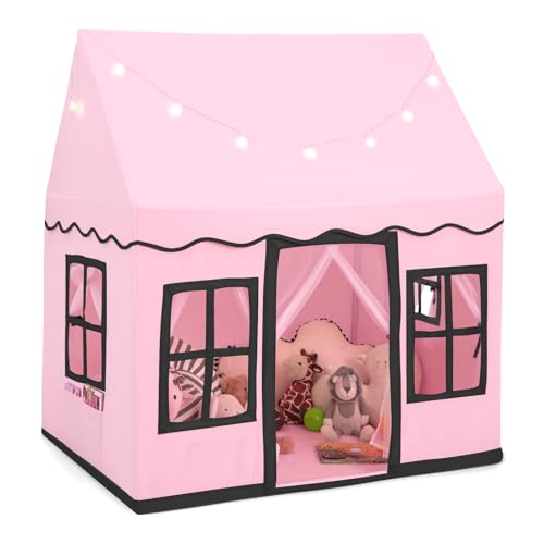 COSTWAY Kinderspielhaus mit Sternenlichtern, Prinzessin Prinzess Kinderzelt mit Fenstern & Netzvorhängen, Kinderspielzelt Spielzelt Spielhaus für Jungen und Mädchen (Rosa) von COSTWAY