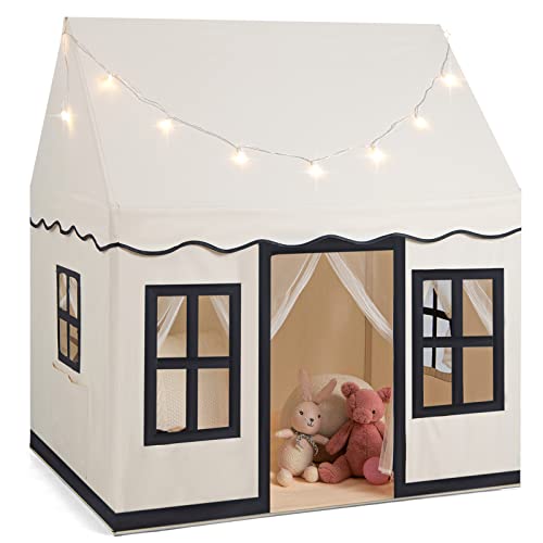 COSTWAY Kinderspielhaus mit Sternenlichtern, Prinzessin Prinzess Kinderzelt mit Fenstern & Netzvorhängen, Kinderspielzelt Spielzelt Spielhaus für Jungen und Mädchen (Beige) von COSTWAY