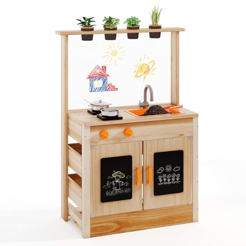 COSTWAY Matschküche Kinder Outdoor, Kinderküche Holz mit Pflanzentöpfen & Kochzubehör, Spielküche mit Wasserhahn, Spüle & Tafeln, Outdoor Küche für Kinder ab 3 Jahren von COSTWAY