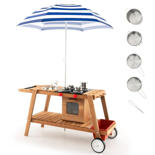 COSTWAY Matschküche Kinder Outdoor, Kinderküche Holz mit Sonnenschirm & Rollen, Outdoorküche Garten Küche Spielset inkl. Zubehör, Garten Spielküche für Kinder ab 3 Jahren (Blau) von COSTWAY