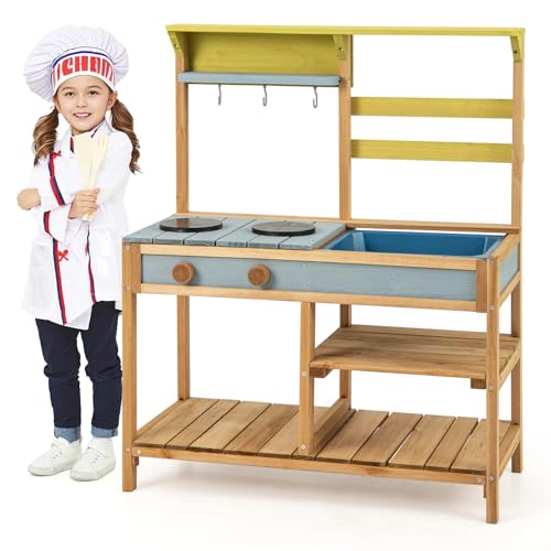 COSTWAY Matschküche Kinder Outdoor, Kinderküche Holz mit Wasserfunktion, Spielküche für Kinder mit Haken & abnehmbarem Regal, Gartenküche Geschenke für Kinder ab 3 Jahren (Natur) von COSTWAY