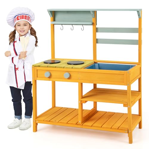 COSTWAY Matschküche Kinder Outdoor, Kinderküche Holz mit Wasserfunktion, Spielküche für Kinder mit Haken & abnehmbarem Regal, Gartenküche Geschenke für Kinder ab 3 Jahren (Orange) von COSTWAY