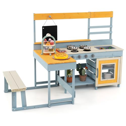 COSTWAY Matschküche mit Picknicktisch & Bank, Kinderküche Tannenholz mit Dessertzubehör Küchengeschirr und Tafel, Spielküche Outdoor Küche für Kinder ab 3 Jahren von COSTWAY