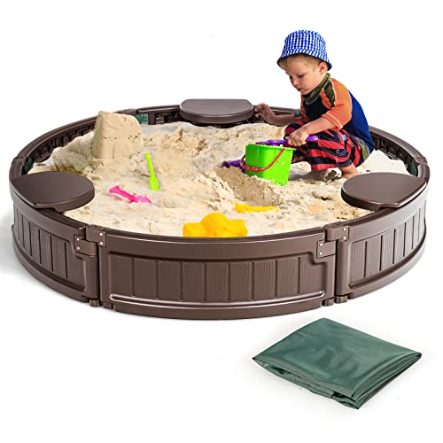 COSTWAY Ø120cm Sandbox rund, Sandkasten mit wasserdichter Abdeckung und Bodenauskleidung, Outdoor Sandkiste Platz für 3 Kinder von COSTWAY