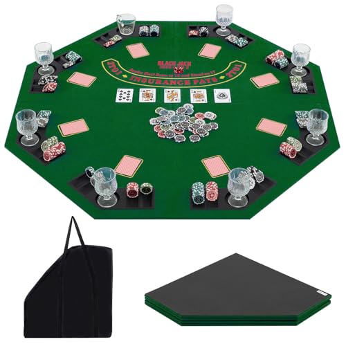 COSTWAY Pokermatte 120 x 120 cm, Texas Holdem, Pokertisch-Auflage faltbar für 8 Spieler mit Getränkehaltern, Pokerteppich mit Tragetasche, Pokerauflage achteckig, Grün von COSTWAY