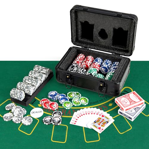 COSTWAY Pokerset mit 300 Laser-Chips, Pokerkoffer mit 2 Spielkarten, Dealer Button & 2 Schlüsseln, Poker Komplett Set, Aluminium Kasino Pokerkoffer abschließbar mit Spielmatte von COSTWAY