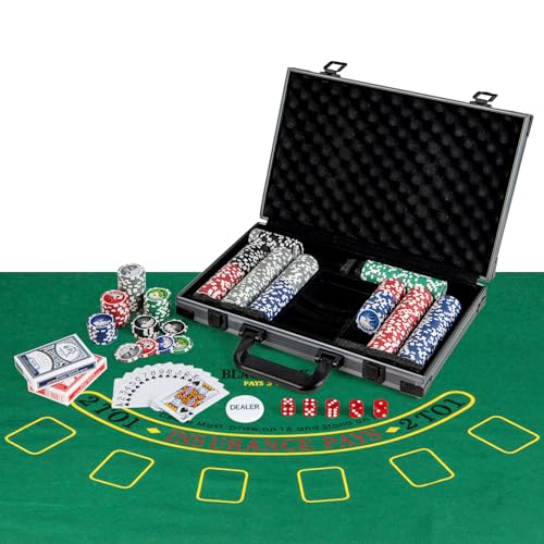 COSTWAY Pokerset mit 400 Laser-Chips, Pokerkoffer mit 2 Spielkarten, 5 Würfel & Dealer Button, Poker Komplett Set, Aluminium Kasino Pokerkoffer mit Spielmatte von COSTWAY