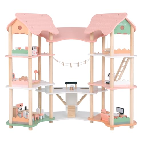 COSTWAY Puppenhaus Holz, 85 cm Hoch Dollhouse 7 Zimmer mit 32 Möbeln und Zubehör, Puppenvilla mit Strickleiter, Puppenstube Geschenk für Mädchen ab 3 Jahren (Model 3) von COSTWAY