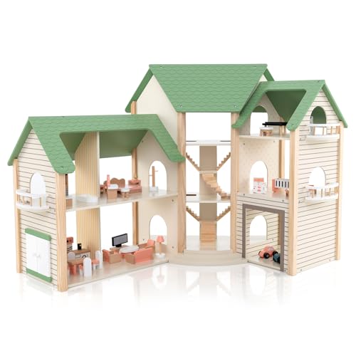 COSTWAY Puppenhaus Holz, Dollhouse 83 cm Hoch mit 36 Möbelstücken und Zubehör, Puppenvilla mit 6 Zimmern & Terrasse & Garage, Puppenstube Geschenk für Mädchen ab 3 Jahren (Model 1) von COSTWAY