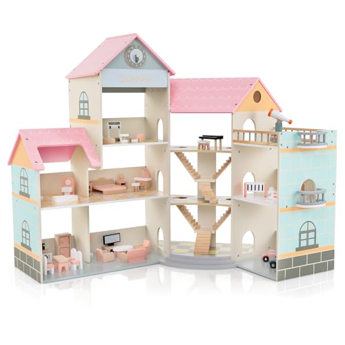 COSTWAY Puppenhaus Holz, Dollhouse 94 cm Hoch mit 41 Möbelstücken und Zubehör, Puppenvilla mit 6 Zimmern & Terrasse & Garage, Puppenstube Geschenk für Mädchen ab 3 Jahren (Model 2) von COSTWAY