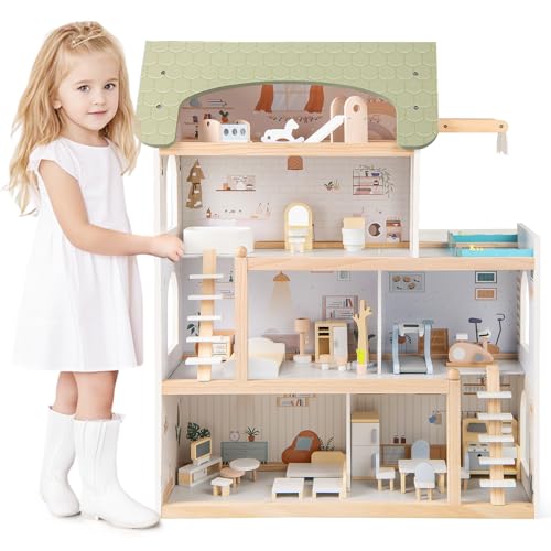 COSTWAY Puppenhaus Holz, Kinder Dollhouse mit 33 Möbelstücken, Puppenstube mit Balkon & Pool, Puppenvilla Traumvilla für Mädchen & Jungen ab 2 Jahren COSTWAY Puppenhaus Holz, Kinder Dollhouse mit 33 Möbelstücken, Puppenstube mit Balkon & Pool, Puppenvilla Traumvilla für Mädchen & Jungen ab 2 Jahren von COSTWAY