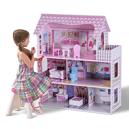 COSTWAY Puppenhaus aus Holz, Puppenstube mit Möbeln und Zubehör, Große Puppenvilla 3 Etagen, Dollhouse Spielzeug für Mädchen von COSTWAY