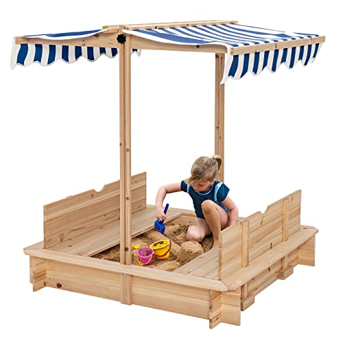 COSTWAY Sandkasten aus Holz, Sandbox mit verstellbarem Dach & seitlicher Sitzbank, bodenloses Design, Sandkiste für Kinder 110x107x121cm von COSTWAY