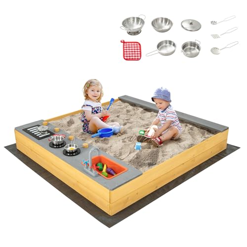 COSTWAY Sandkasten aus Massivholz, Sandkiste mit 9 Küchenzubehör & Wasserhahn & Waschbecken, Sandbox inkl. Bodenplane, Kindersandkasten Outdoor für Garten Strand Balkon von COSTWAY