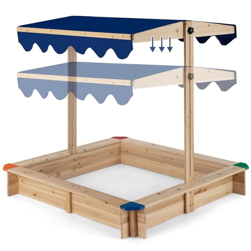 COSTWAY Sandkasten aus Zedernholz, Sandkiste mit schwenkbarem & höhenverstellbarem Dach, Sandbox groß 120 x 120 cm, bodenloses Design, Sitzhöhe 19cm von COSTWAY