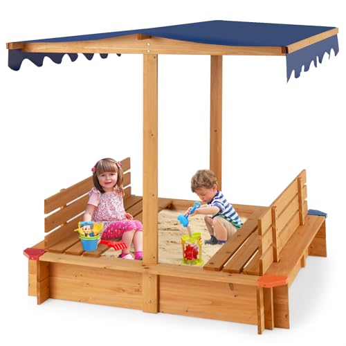 COSTWAY Sandkasten mit Dach, 120 x 120 cm Sandkiste aus Zedernholz, Sandbox groß mit 2 umwandelbaren Sitzbänken, inkl. Bodenauskleidung, bodenloses Design, Sitzhöhe 21cm von COSTWAY