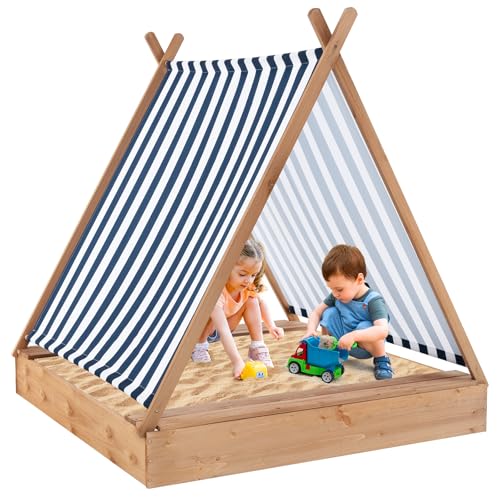 COSTWAY Sandkasten mit Dach, Sandkiste mit 2 Sitzbänken, UV-Schutz, Sandbox für Garten, 124 x 123 x 134 cm von COSTWAY