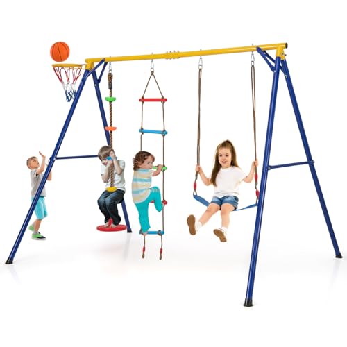 COSTWAY Schaukelgestell mit elastischer Schaukel, Tellerschaukel, Kletterleiter & Basketballkorb, 4-in-1-Schaukelset für Kinder, Schaukelgerüst für Outdoor von COSTWAY