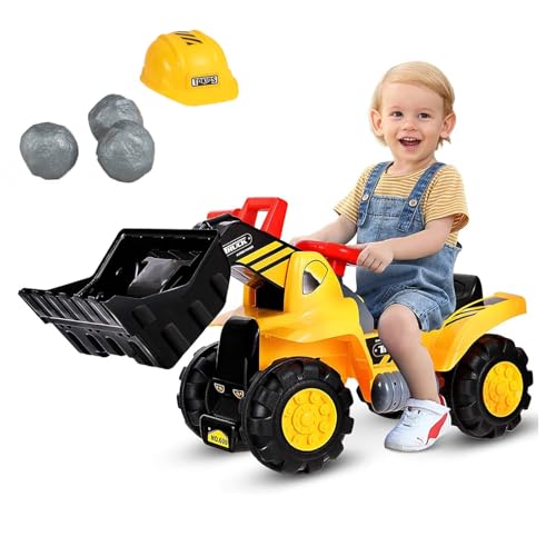 COSTWAY Sitzbagger mit eingebautem Ablagefach, Kinderbagger mit 4 Sound-Tasten, Bagger Spielzeug, Sandbagger, Schaufelbagger, Aufsitz Bagger für Kinder ab 3 Jahren, inkl. 3 Steine und Helm von COSTWAY