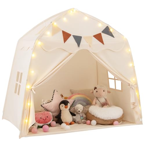 COSTWAY Spielhaus Kinder Indoor, Kinderzelt mit Flaggen & Lichterketten, Prinzessin Spielzelt, Großes Zelt Kinderzimmer für Jungen und Mädchen ab 3 Jahren, 157 x 98 x 148 cm (Beige) von COSTWAY