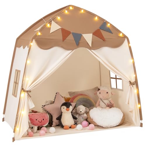 COSTWAY Spielhaus Kinder Indoor, Kinderzelt mit Flaggen & Lichterketten, Prinzessin Spielzelt, Großes Zelt Kinderzimmer für Jungen und Mädchen ab 3 Jahren, 157 x 98 x 148 cm (Braun) von COSTWAY