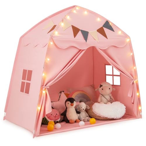 COSTWAY Spielhaus Kinder Indoor, Kinderzelt mit Flaggen & Lichterketten, Prinzessin Spielzelt, Großes Zelt Kinderzimmer für Jungen und Mädchen ab 3 Jahren, 157 x 98 x 148 cm (Rosa) von COSTWAY