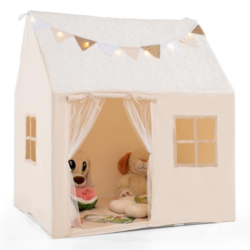 COSTWAY Spielhaus Kinder Indoor, Kinderzelt mit gepolsterter Matte & Sternenlichtern, Spielzelt Kinder mit Flaggen, Kinderspielhaus für Jungen & Mädchen ab 3 Jahren, 119 x 104 x 129 cm von COSTWAY