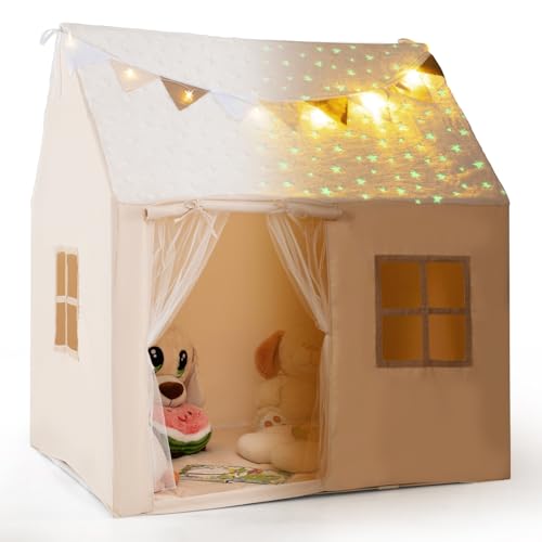 COSTWAY Spielhaus Kinder Indoor, Kinderzelt mit gepolsterter Matte & Sternenlichtern, Spielzelt Kinder mit Flaggen, Kinderspielhaus für Jungen & Mädchen ab 3 Jahren, 119 x 104 x 129 cm von COSTWAY