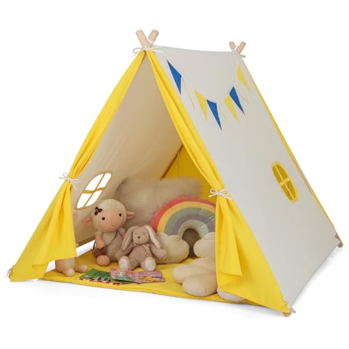 COSTWAY Tipi Zelt für Kinder, Tippi Kinderzelt für Drinnen, Spielzelt Baumwolle & Holz mit Fenster & Wimpelkette, Kinder Tipizelt Spielhaus für Junge & Mädchen, Beige von COSTWAY