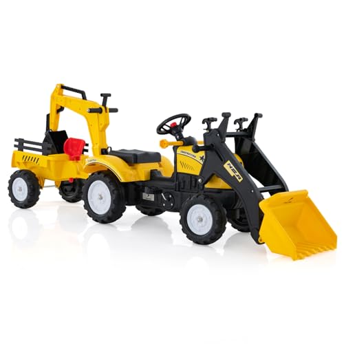 COSTWAY Trettraktor, Kinder Traktor mit Abnehmbarer Anhänger & Grabschaufel, Baggerlader bis 35 kg belastbar, Sitzbagger für Kinder von 3-6 Jahre (Gelb) von COSTWAY