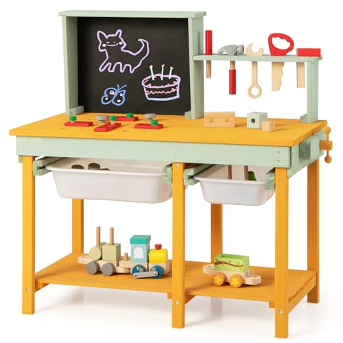 COSTWAY Werkzeugbank Kinder, Spielwerkbank aus Holz mit Tafel & 2 Aufbewahrungsboxen, Werkstatt Werkbank Montessori mit 16 Zubehören für Kinder ab 3 Jahren von COSTWAY