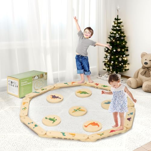 COSYLAND - Holz Balancierbalken Kinder mit 6 Balanciersteine - Kleinkinder Schwebebalken - Frei Kombinie und Dino Hindernissteinen - Balance Boards für Kinder Drinnen von COSYLAND