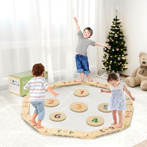 COSYLAND - Holz Balancierbalken Kinder mit 6 Balanciersteine - Kleinkinder Schwebebalken - Frei Kombinie und Zahl Hindernissteinen - Montessori Balance Boards für Kinder Drinnen von COSYLAND