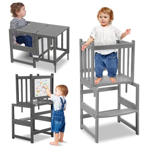 COSYLAND Zusammenklappbarer 3-in-1-Lernturm für Kinder, natürlicher Bambus, eleganter kippsicherer Lernturm, ab 1 Jahr, Grau von COSYLAND